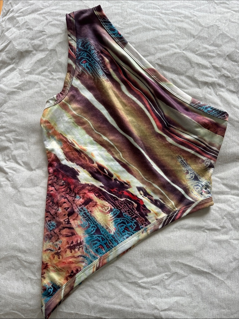 Amazon One-Shoulder Asymmetrical Tank Top in Brown, Teal, Red